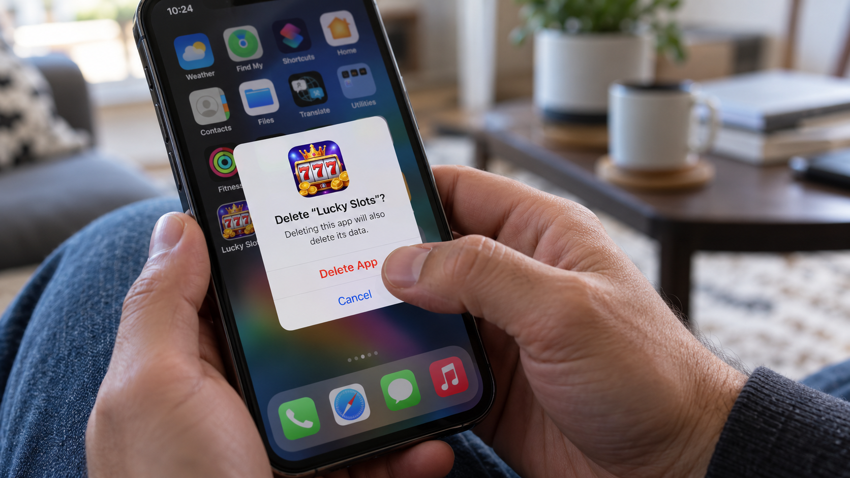Jari seseorang menekan tombol hapus (uninstall) pada aplikasi judi online di layar ponsel untuk menghentikan kecanduan.