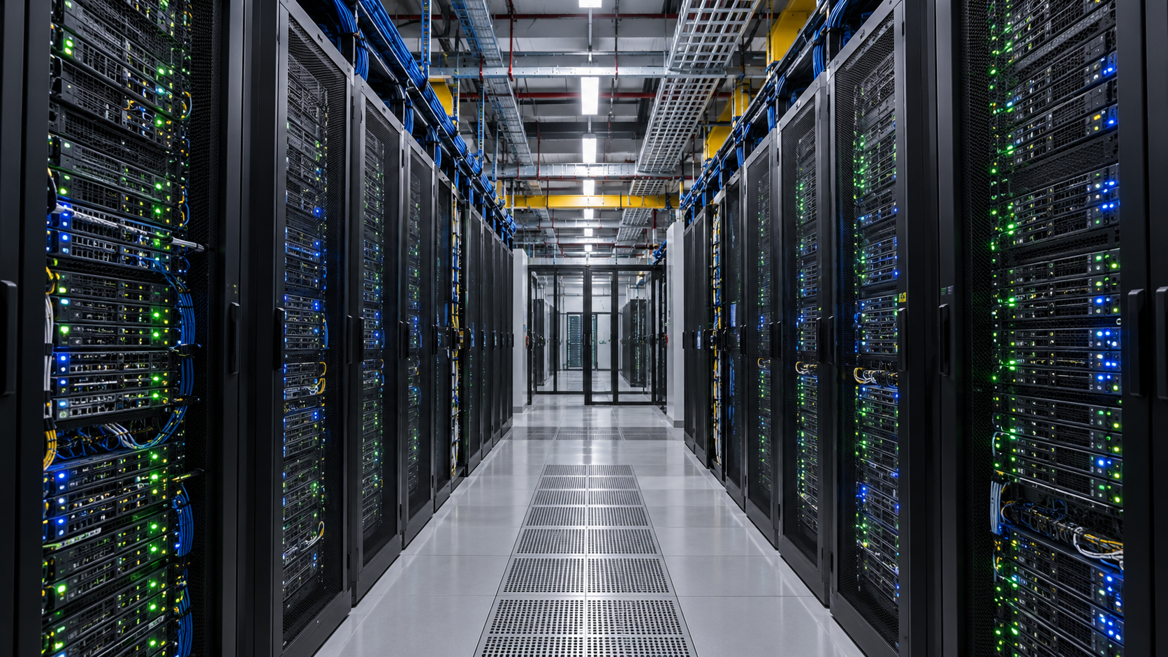 Lorong ruang server pusat data bank yang merepresentasikan kerumitan teknis dalam melacak jutaan transaksi keuangan bernominal kecil.