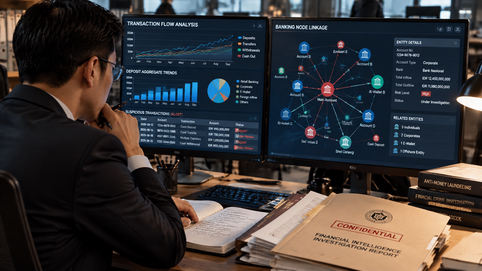 Analis transaksi keuangan PPATK meneliti laporan rekening deposit judi online pada monitor analisis data.