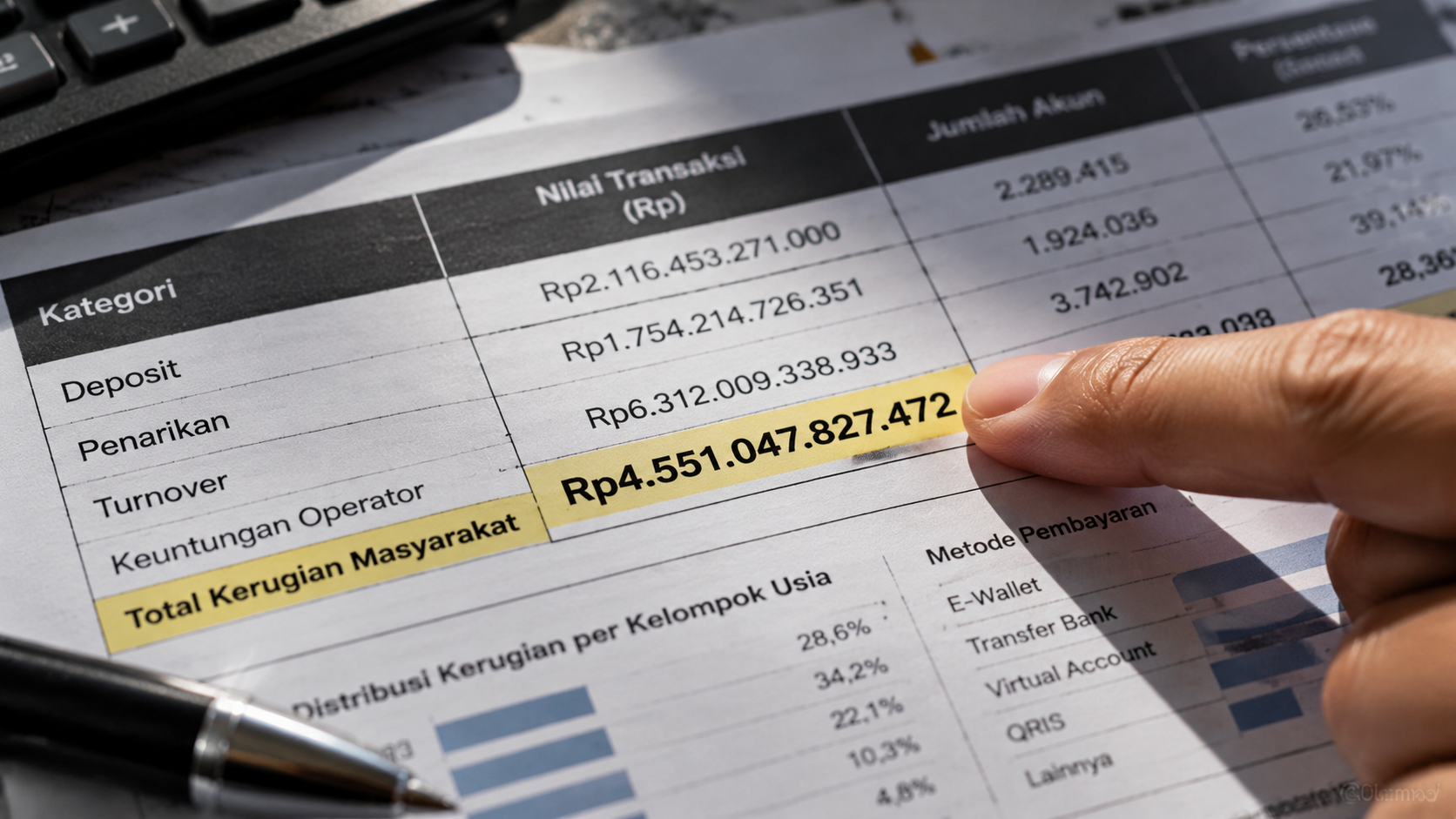 Tangan seorang analis menunjuk angka triliunan rupiah pada dokumen cetak laporan analisis transaksi keuangan.