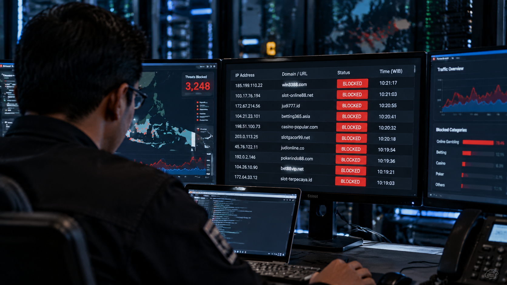 Layar monitor komputer menampilkan deretan baris kode status pemblokiran alamat IP situs web ilegal.
