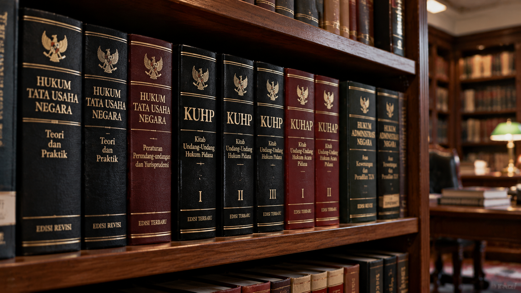 Jajaran buku referensi hukum tata usaha negara dan KUHP tersusun rapi di rak perpustakaan instansi pemerintah.