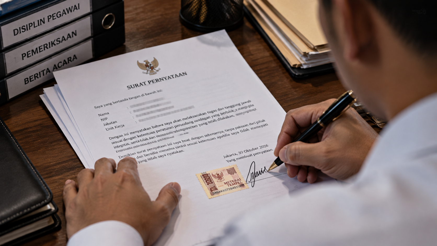 Pegawai pemerintah berseragam putih hitam sedang menandatangani dokumen surat pernyataan integritas di atas materai.