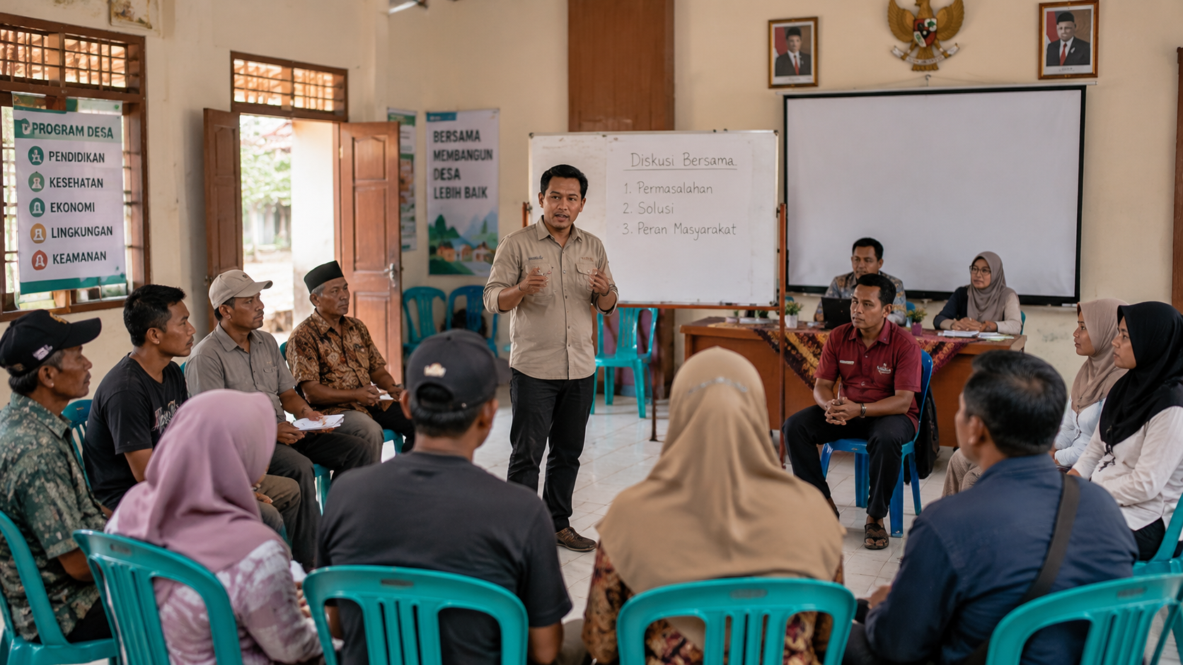 Sekelompok warga duduk melingkar di balai desa mengikuti diskusi sosialisasi literasi digital tingkat RT.