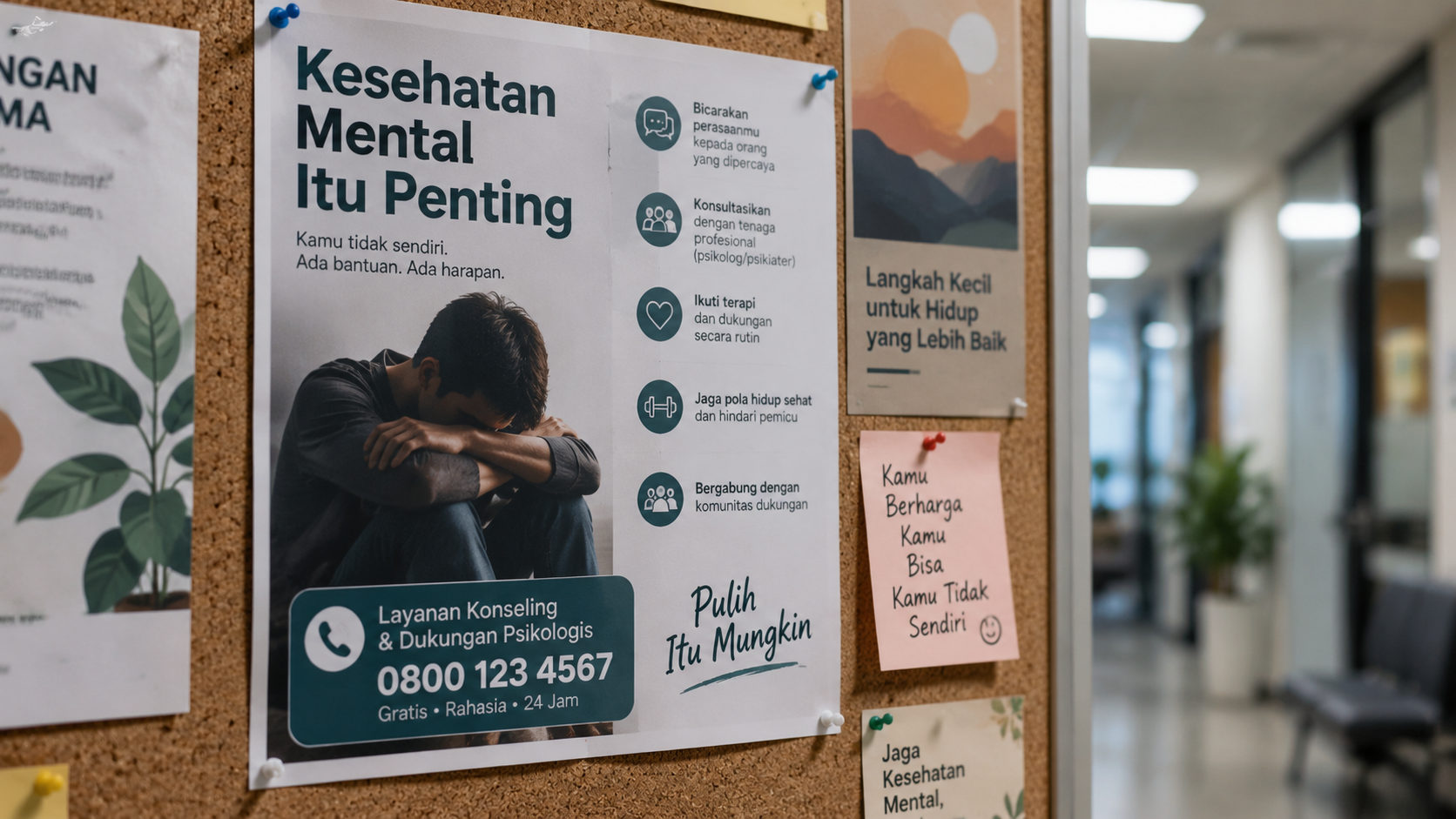 Papan pengumuman kayu di lorong kantor menampilkan poster imbauan layanan konseling psikologis dan kesehatan mental.