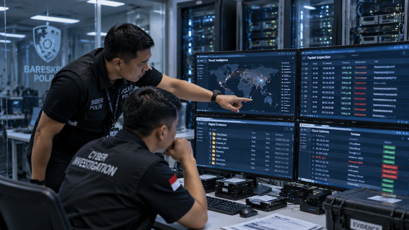 Penyidik siber kepolisian menganalisis peralatan perangkat keras dan enkripsi jaringan server di laboratorium forensik.