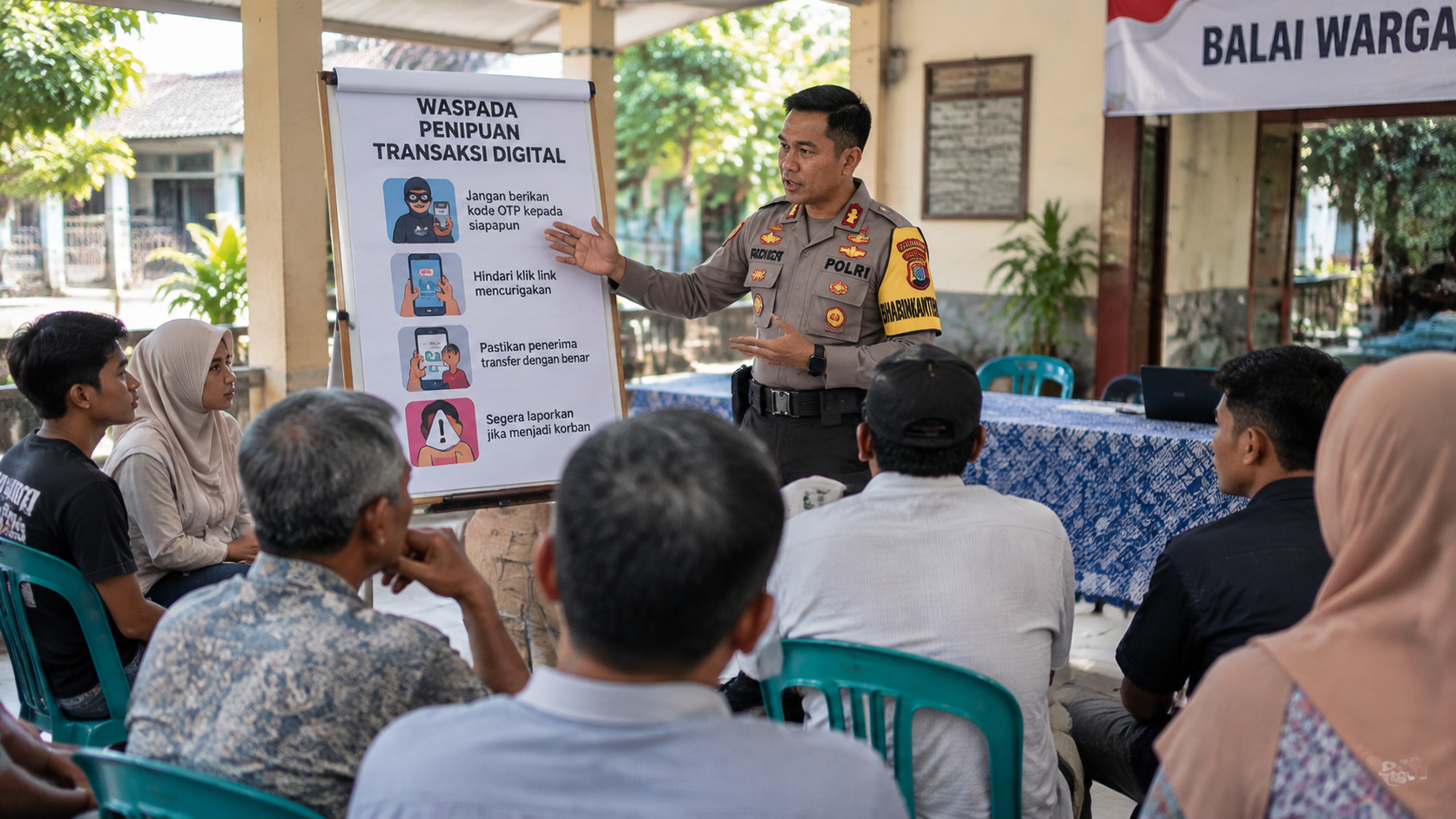 Penyuluhan interaktif aparat kepolisian kepada warga dan pemuda tentang pencegahan penipuan serta judi digital.