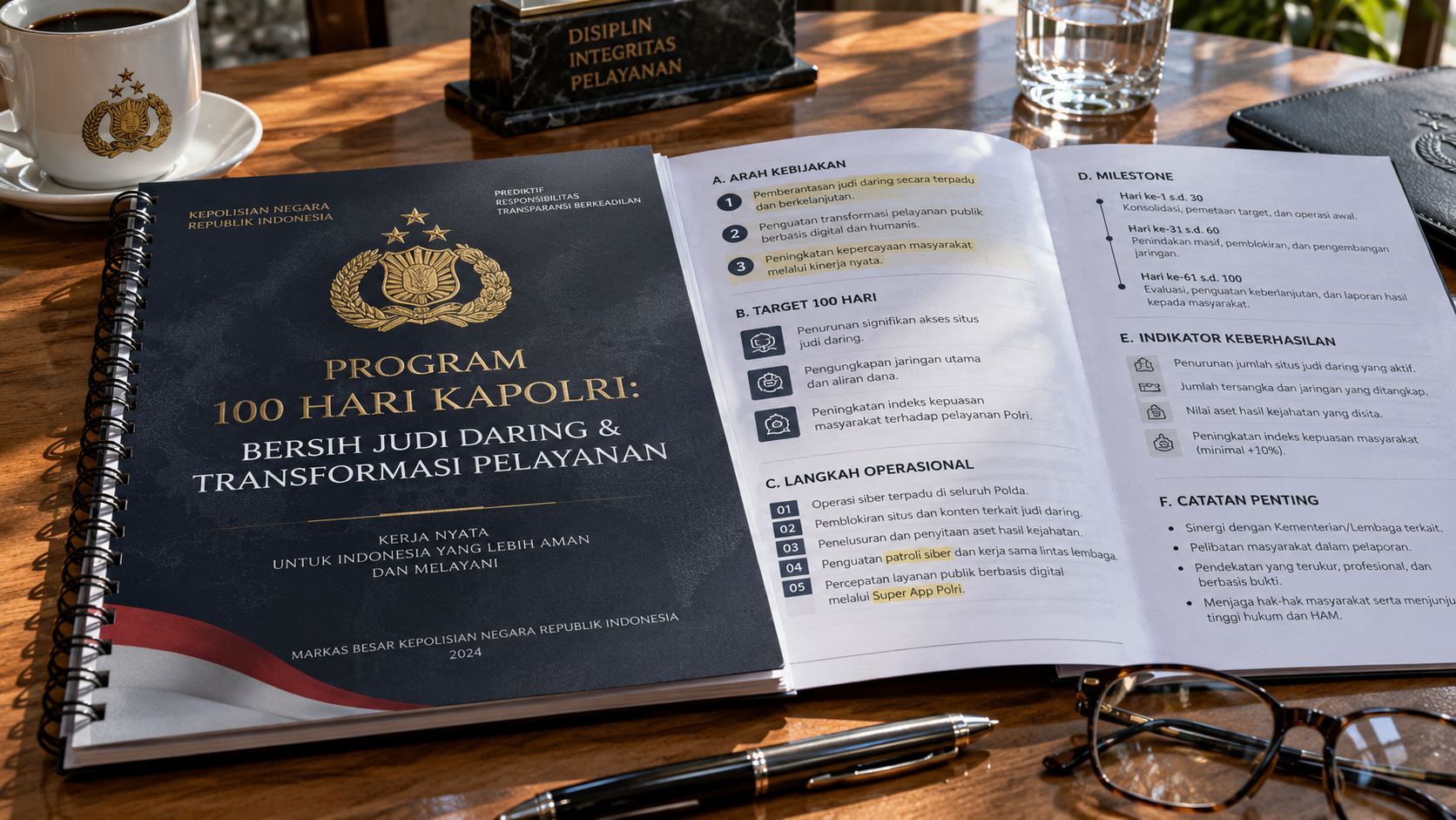 Naskah cetak dokumen program 100 hari Kapolri bertuliskan agenda pemberantasan judi daring dan penipuan digital.